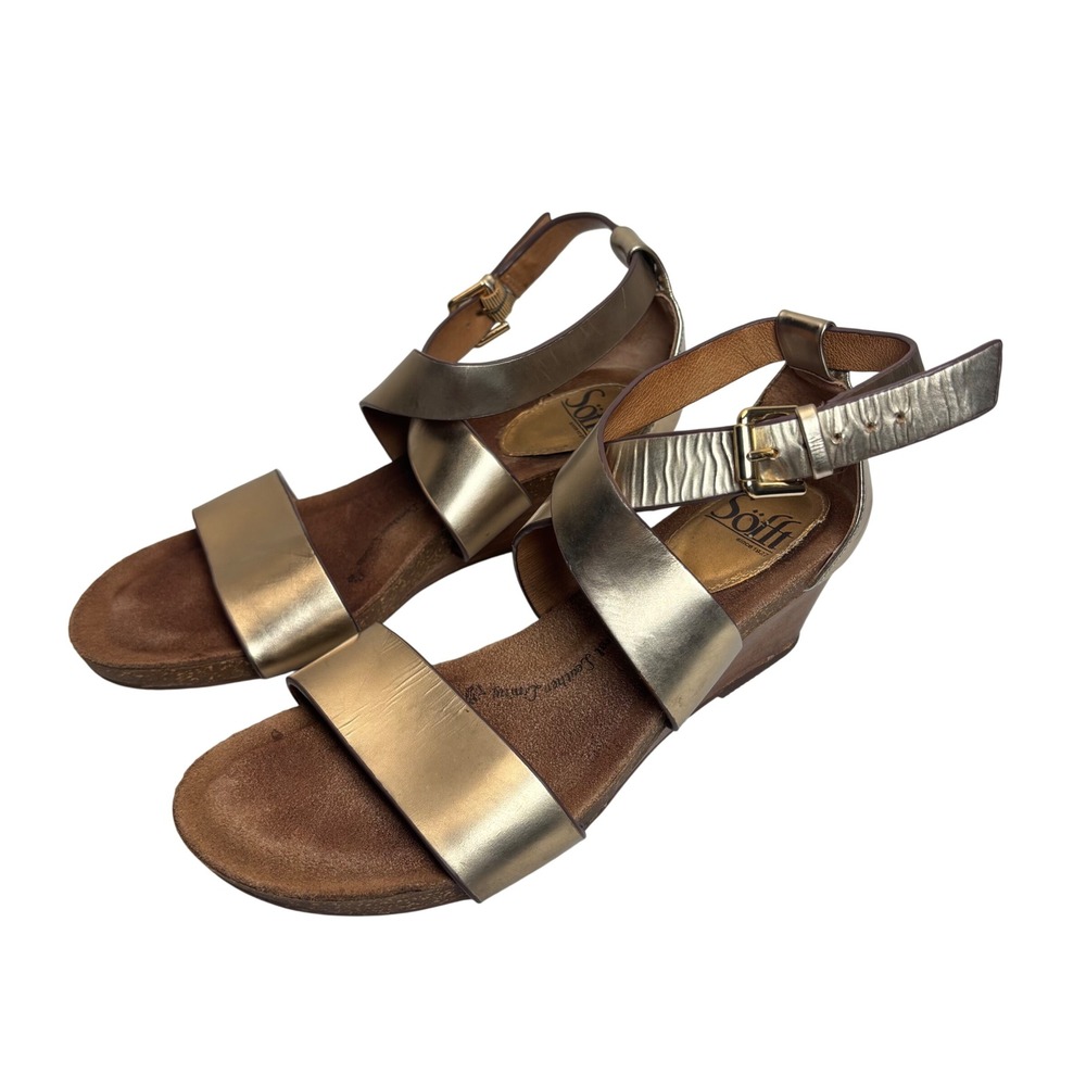 Sofft Wedge Sandals Womens‎ 6.5 M Gold Leather Strappy Buckle Comfort Casual